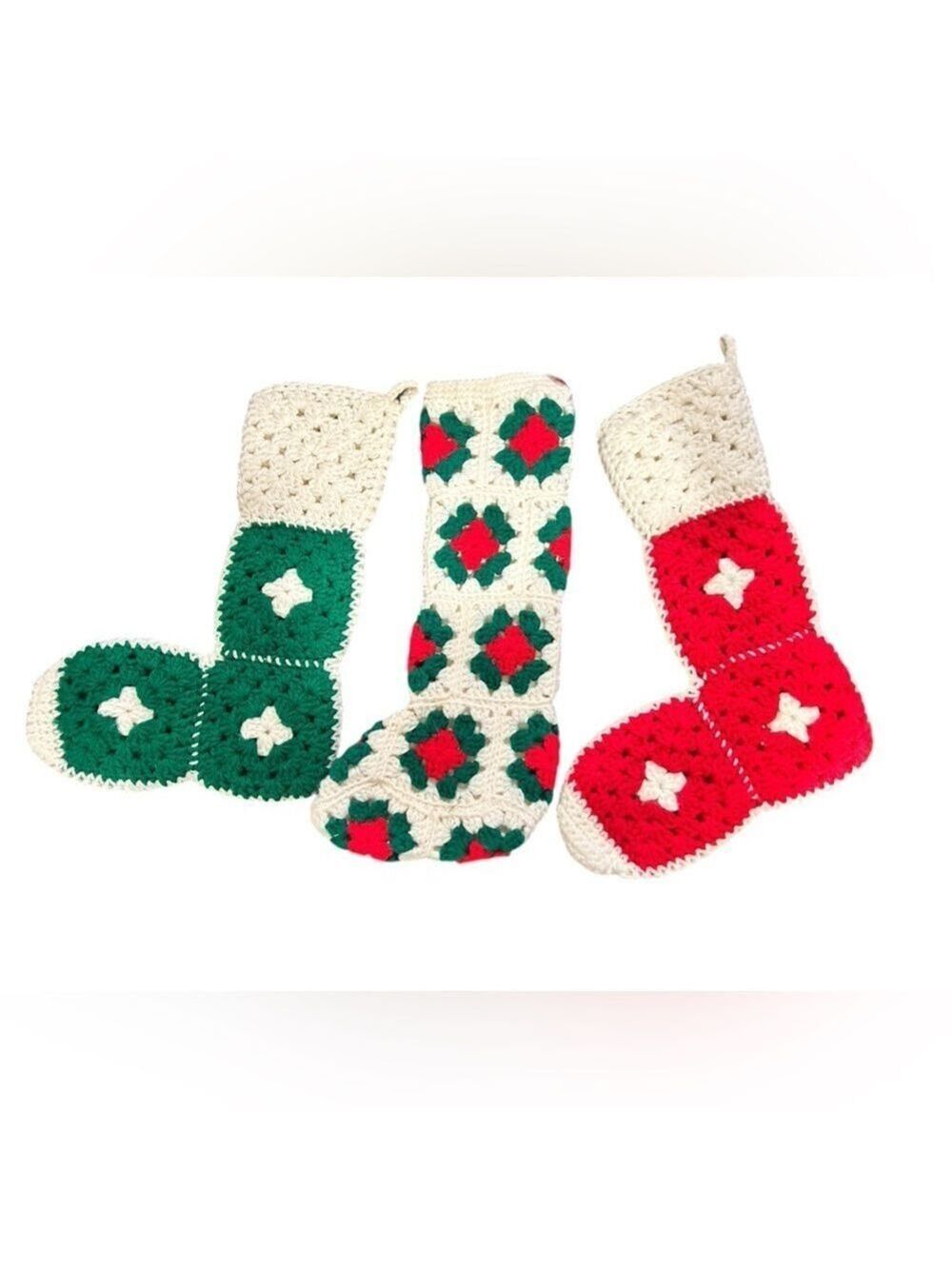 3 Vintage Granny Squares Crocheted Christmas Stockings EC